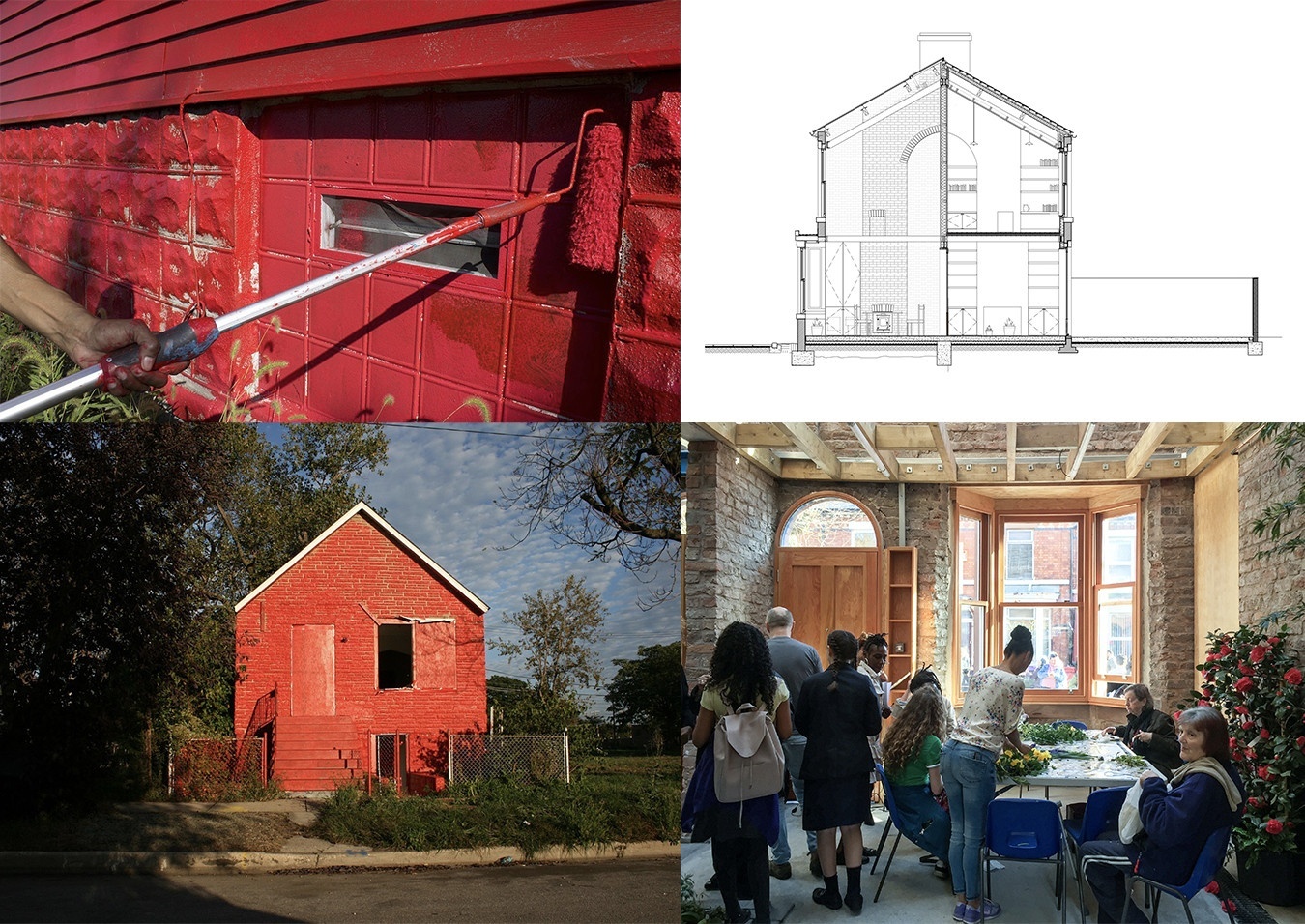 Four panel image of projects; top left is a detail photo of the side of a building being painted bright red; top right is a black-and-white elevation drawing of a two-story building; bottom right is a photo of numerous people gathered inside a building with brick walls and a bay window filling the space with light; bottom left is a photo of a bright red brick house with a metal fence in front and trees to the left.