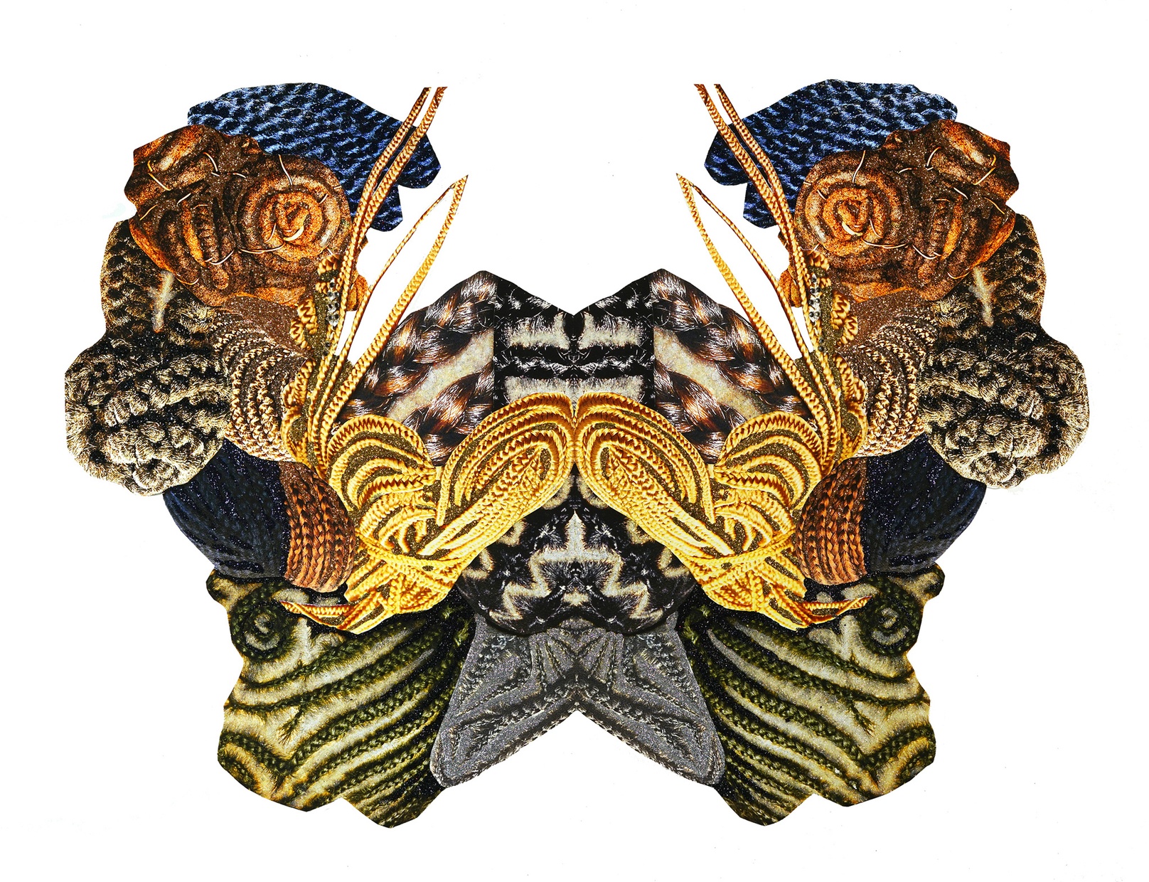 A colorful print of an abstract three-dimensional shape made of intricately collaged braided Black hairstyles. The sides mirror each other, with collaged diagonal braids fanning out from the center.