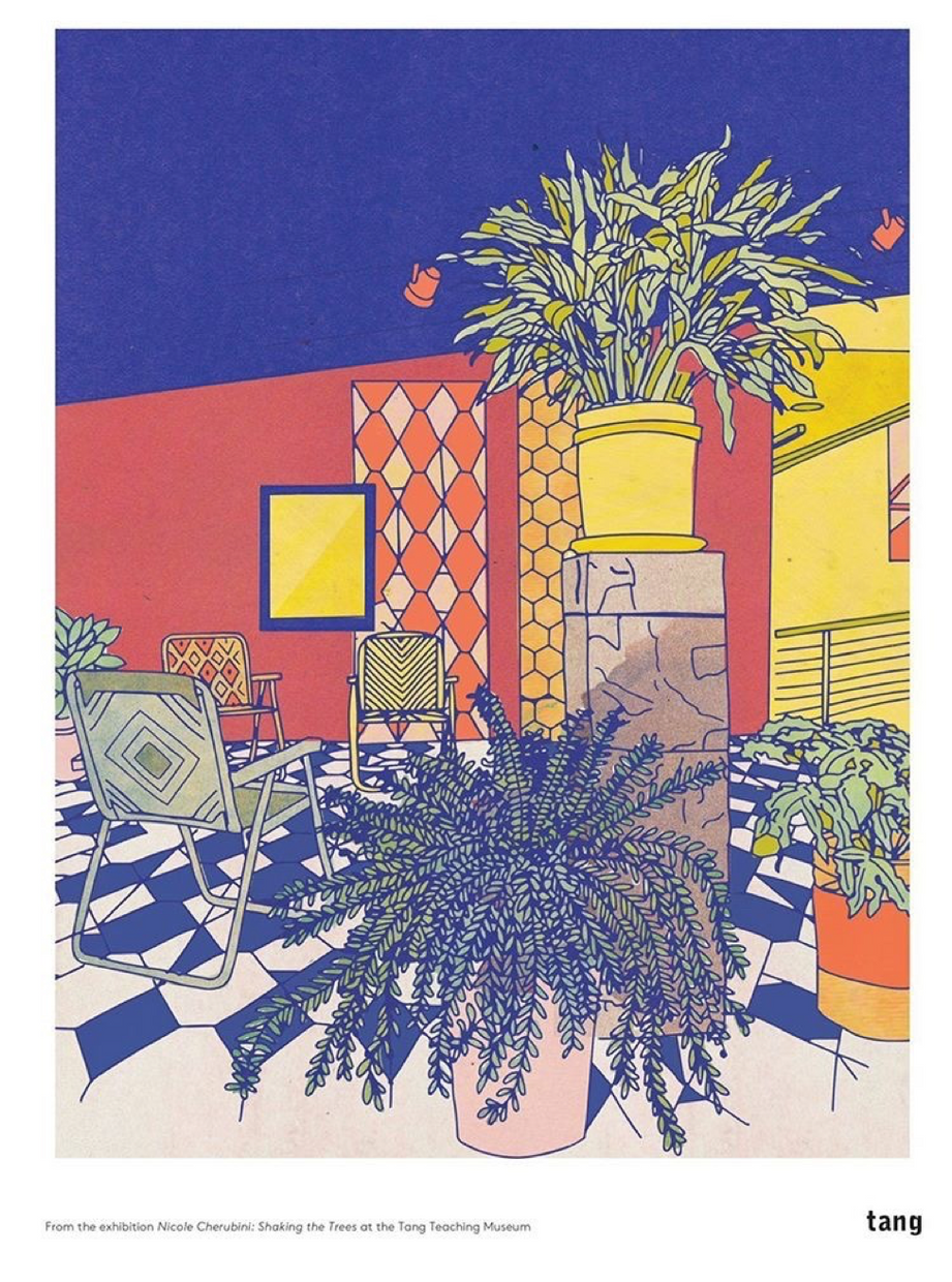 A digitally colored-in image of a gallery space featuring potted plants, woven chairs, and a tiled floor.