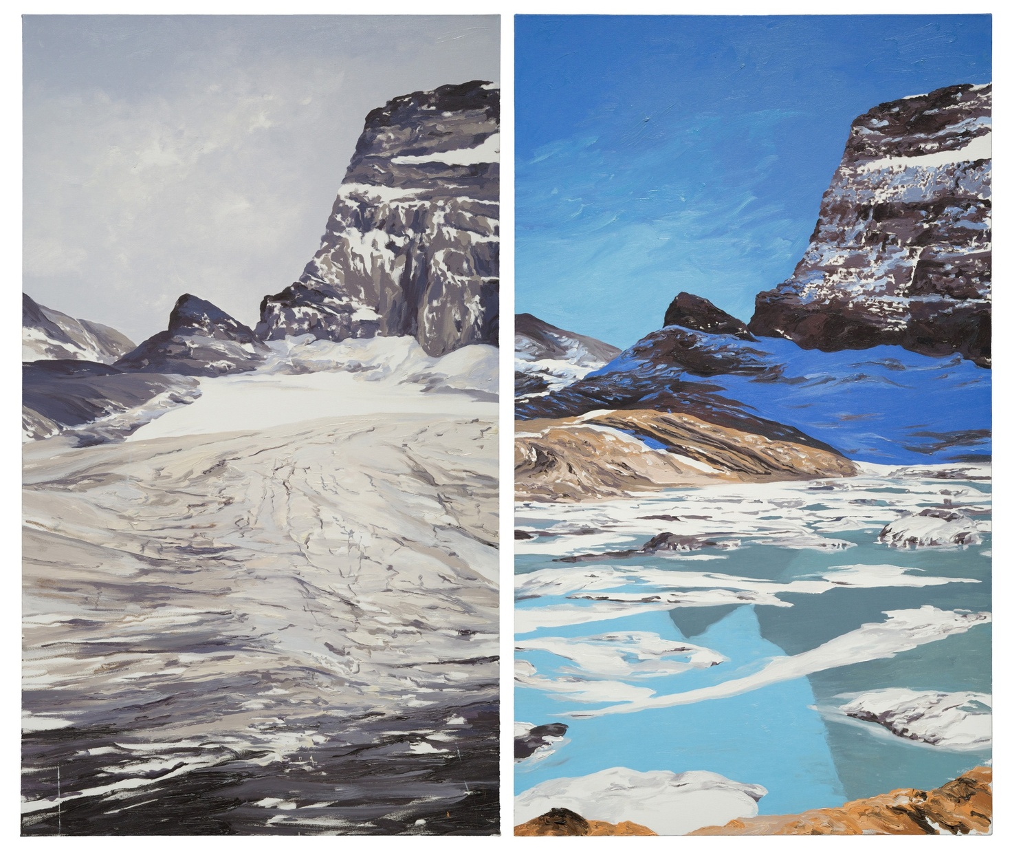 Two paintings side-by-side of the same mountain-scape, one painting depicts a snowy, gray, dull landscape while the other depicts a blue, spring landscape.