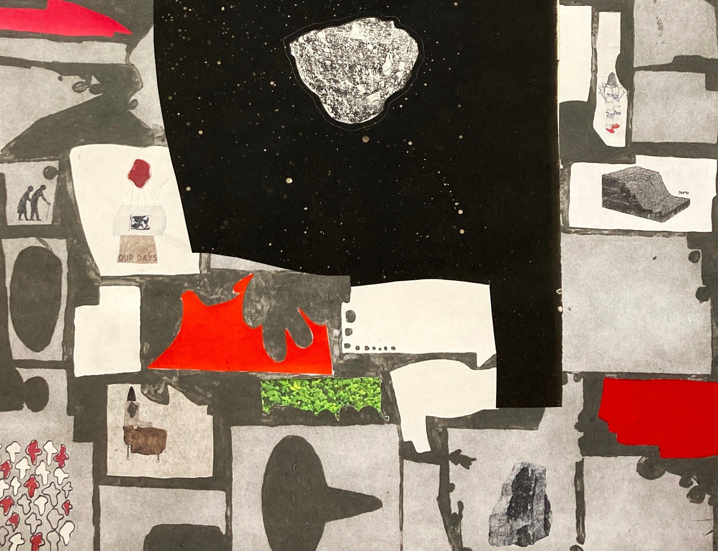 A collage of abstract forms in red, gray, and white. At the center, a large object that looks like an asteroid is collaged over a black background speckled with irregular white dots, like stars in afar-off galaxy. Some pieces also have images of objects printed on them, like boulders or leaves, or cutouts overlaying them, like silhouettes of people.