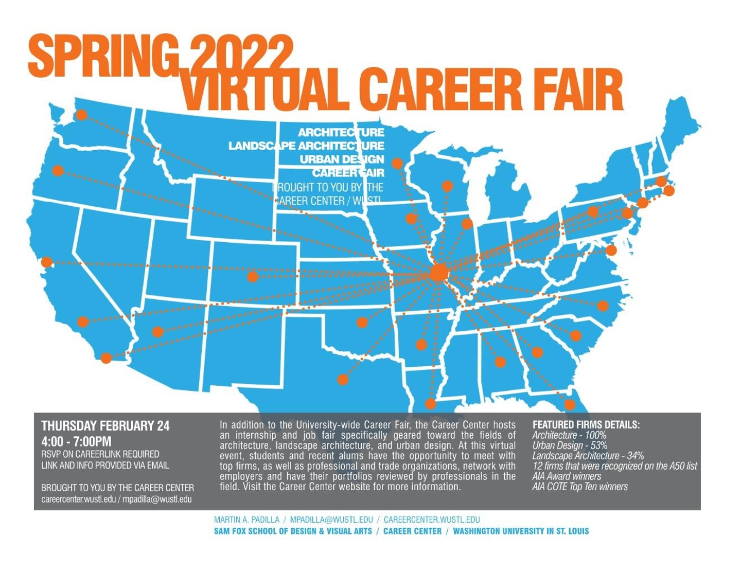 Graphic for the Spring 2022 Virtual Career Fair, with a cyan map of the United States and orange type.