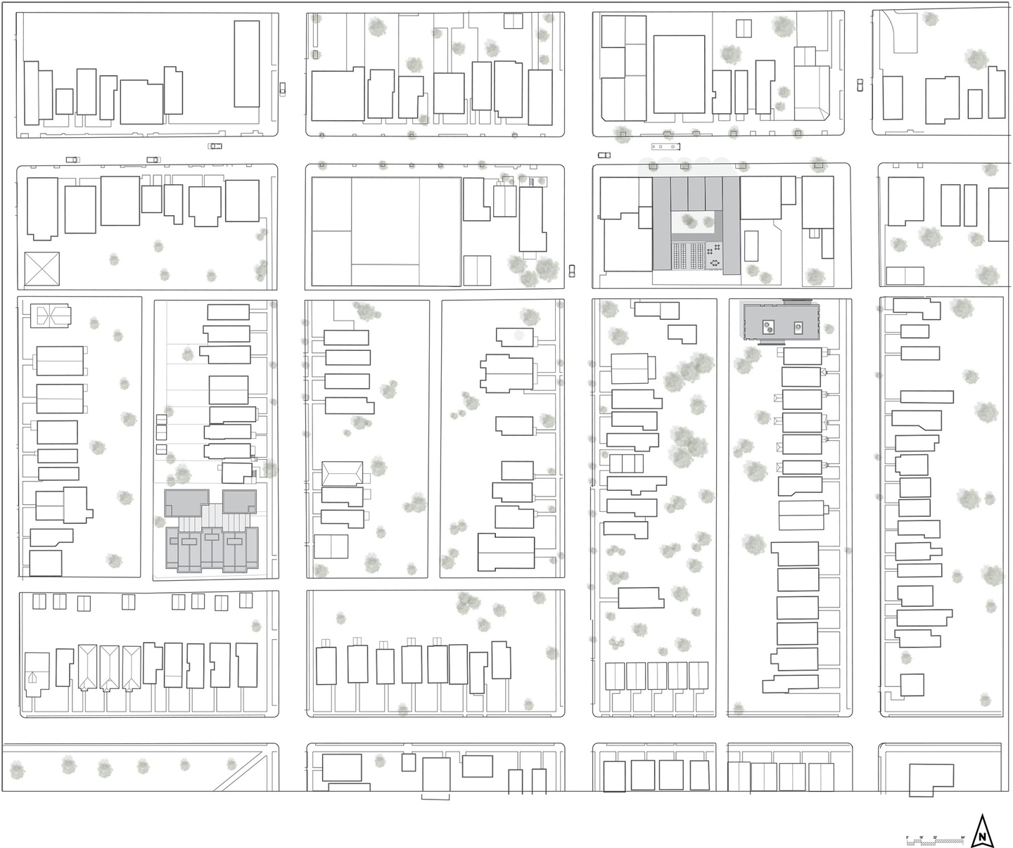 Computer line drawing of three gray buildings in different locations within a fairly dense residential area.
