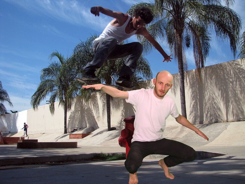 A photo from Sam Lavigne's Open Call commission Training Poses depicting a man jumping on a skateboard