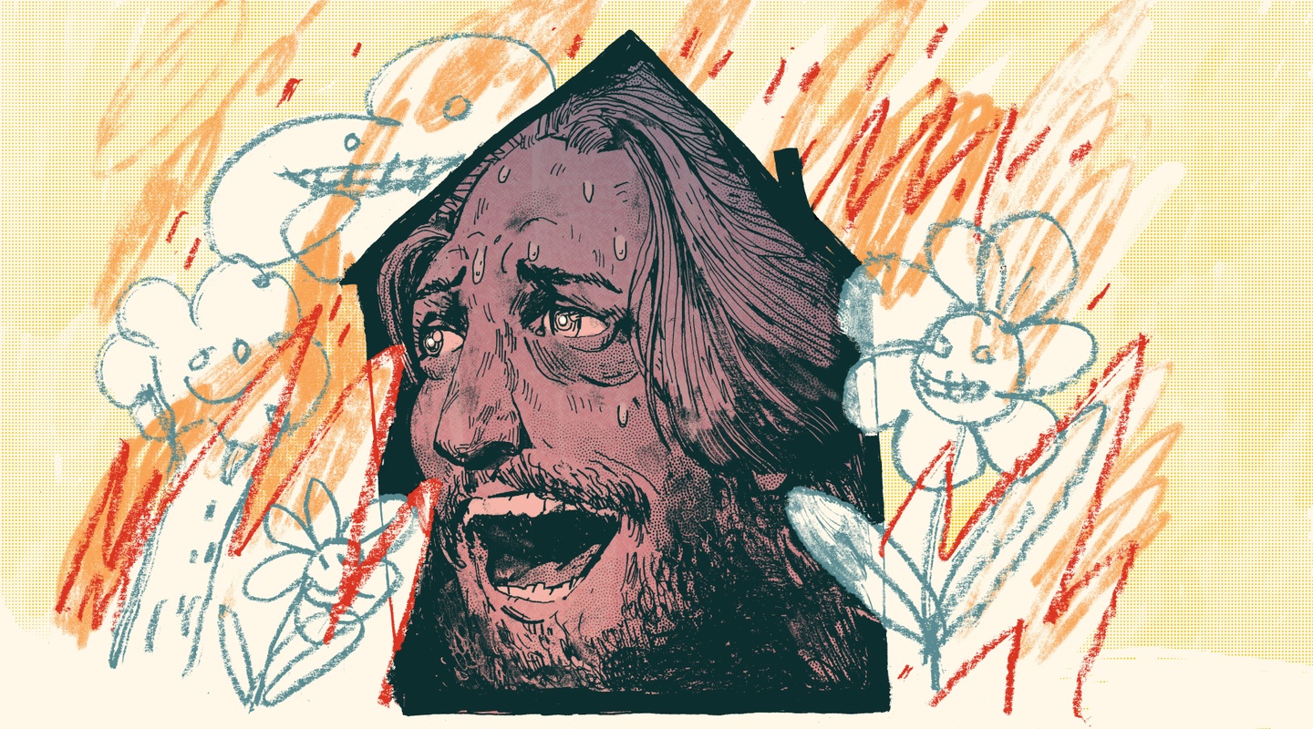 Illustration of Bo Burnham, his face framed by the silhouette of a house, surrounded with pastel drawings of flowers, trees, and clouds with slightly menacing smiley faces.
