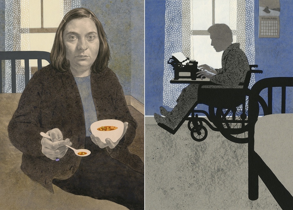 Two images (left) illustration of a person sitting on a bed, holding a spoon and a bowl of soup; (right) a person in a wheelchair, sititng in front of a window, typing on a typewriter; their head is a silhouette.