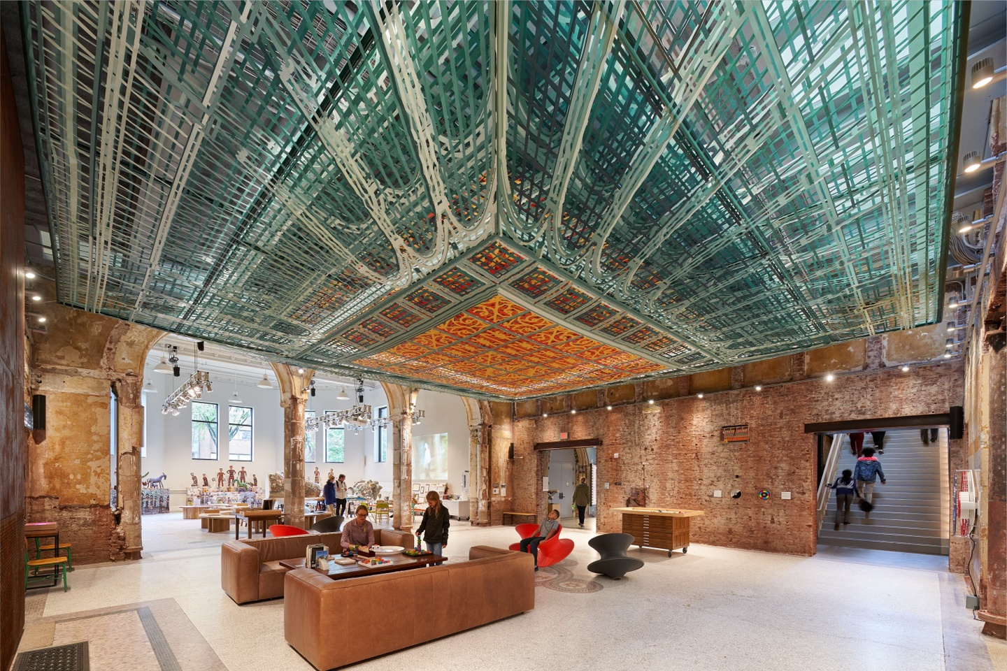 image of Children’s Museum of Pittsburgh lobby with woven greens on the ceiling