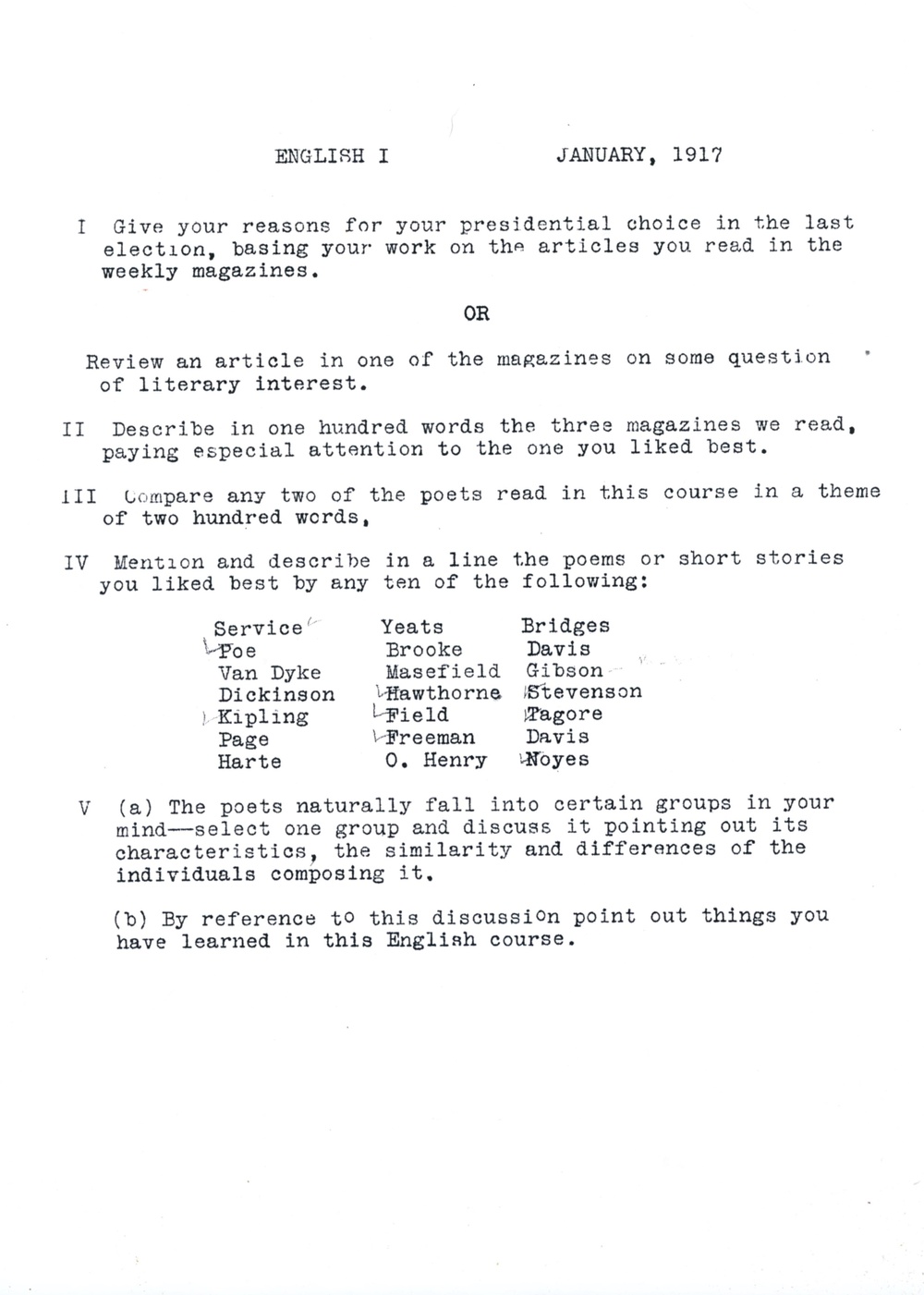 A document bears the title “ENGLISH I” and the date “JANUARY, 1917” followed by five writing prompts printed in a typewritten font.