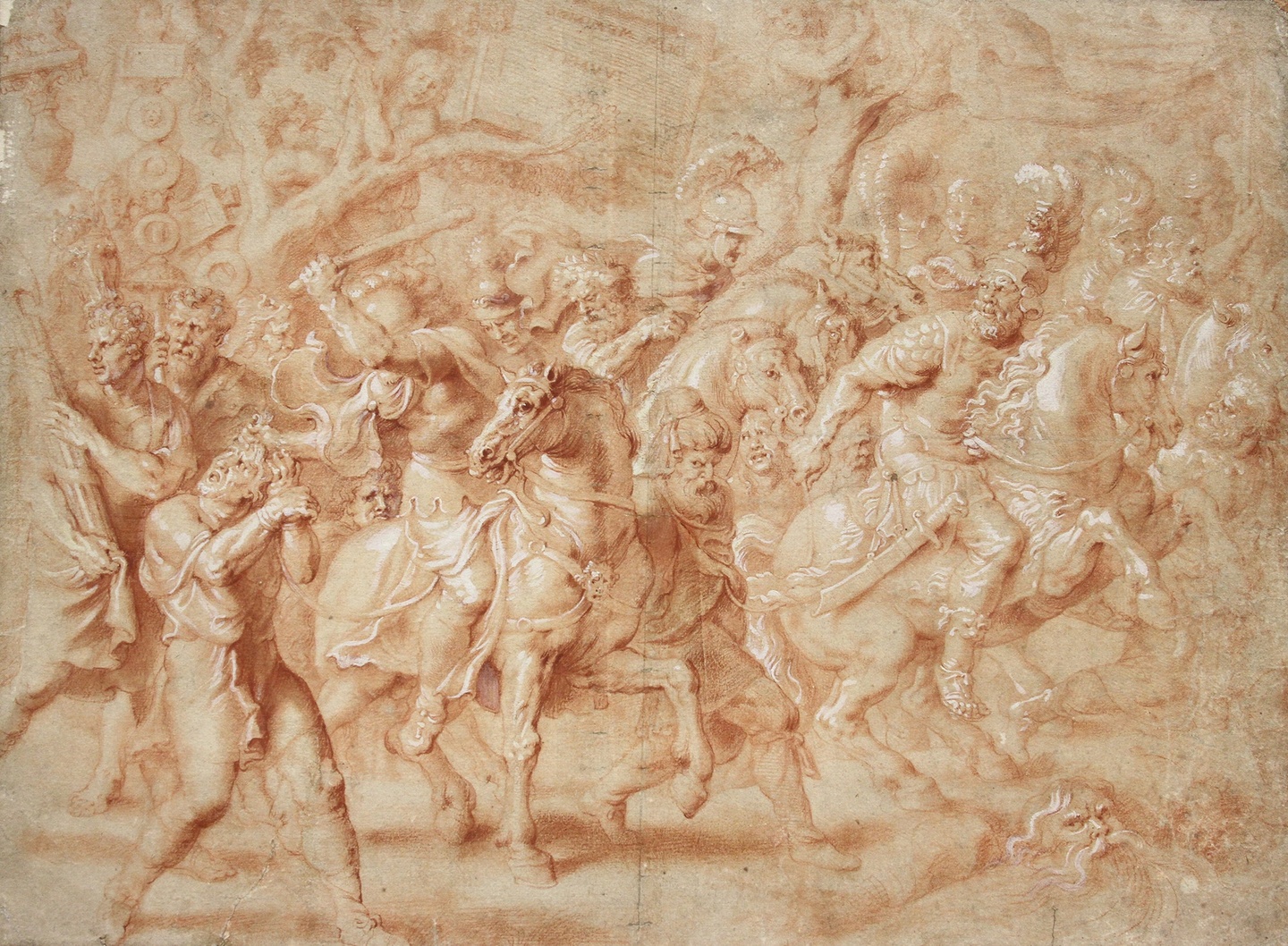 Artwork made of red chalk and wash on tinted paper, depicting riders on horses charging through a crowd of figures from Greco-Roman antiquity arrayed for battle; additional images are faint in the background.