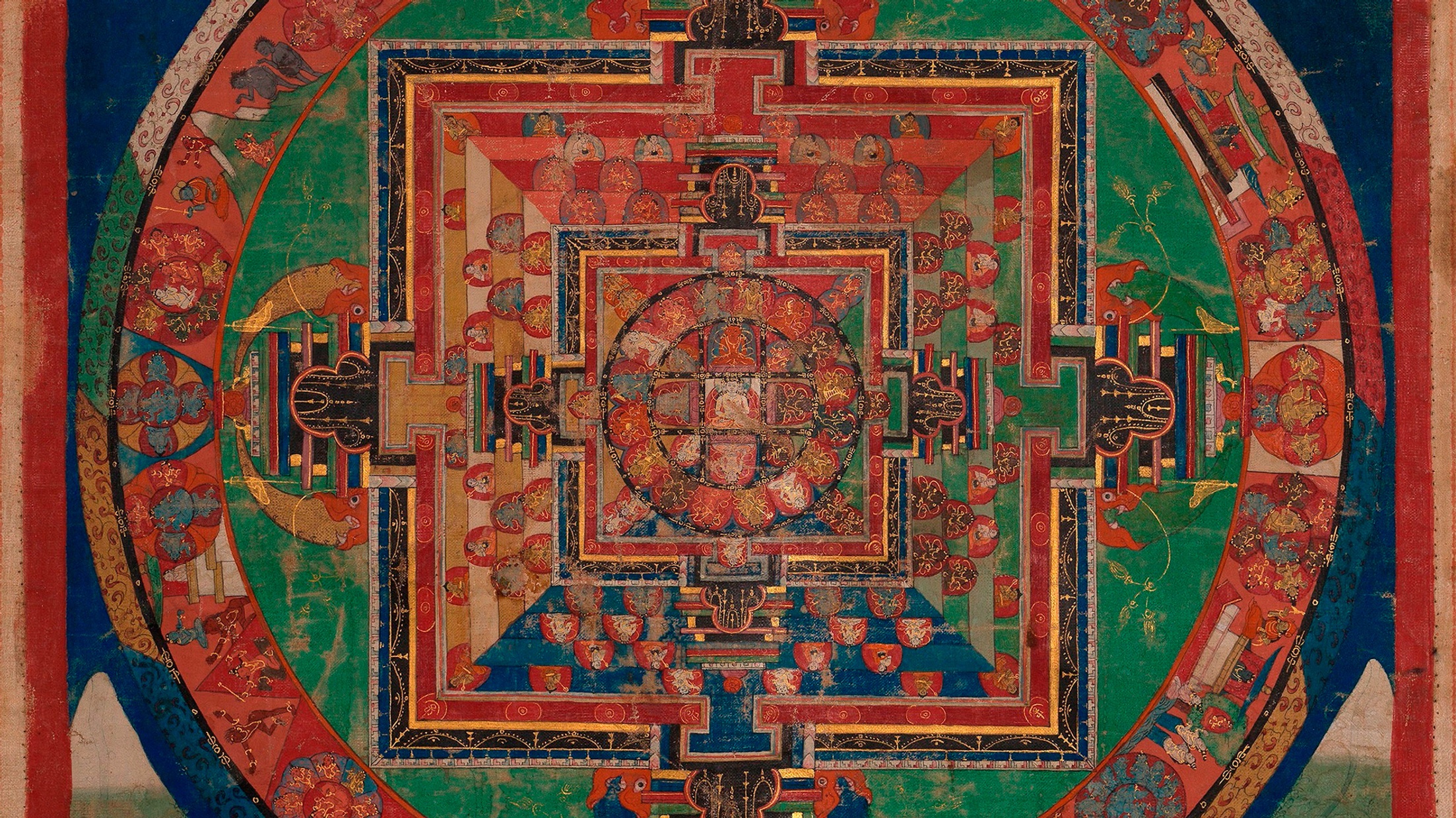 A painting of colorful patterned circles and squares nest within each other.