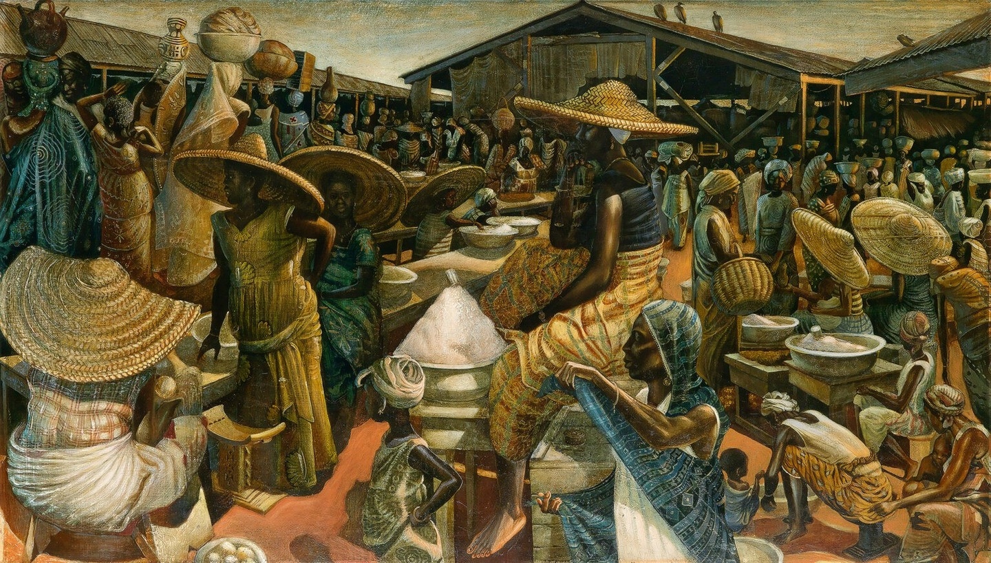 John Biggers, “Kumasi Market,” 1962. Oil and acrylic on Masonite board, 34 x 60 inches. 