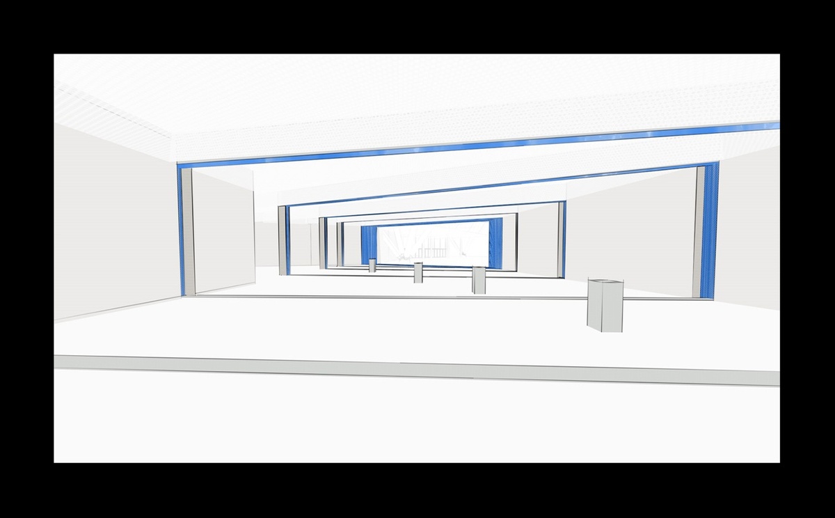 Simple render of the space with blue bands highlighting screen and lighting opportunities