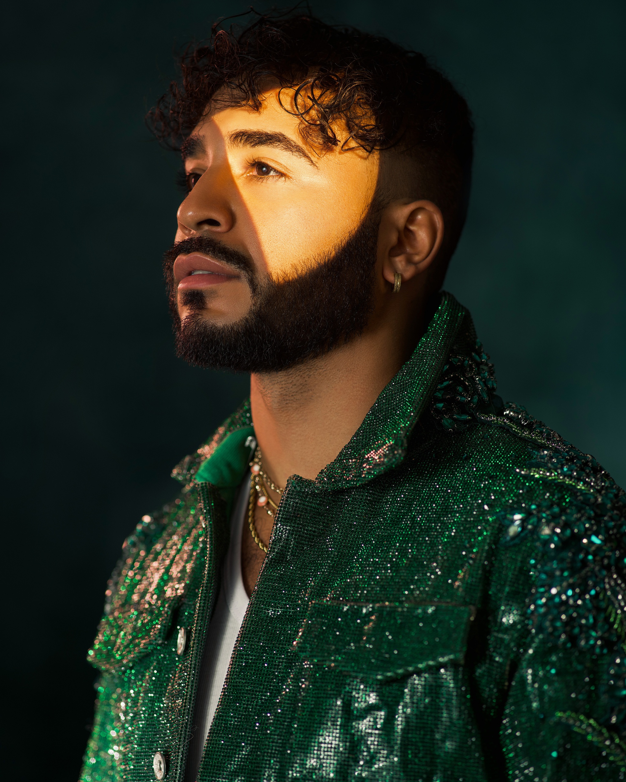 A Dominican man stands in profile looking off to the side. He wears a jewel green, beaded jacket. He has a dark beard and mustache and the left side of his face is lit with a bright, dramatic light. 