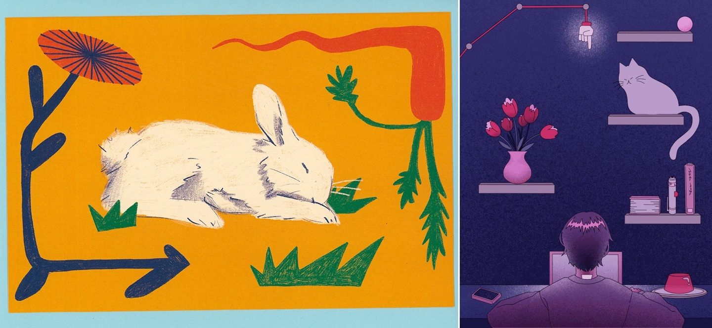 Drawing of a sleeping white rabbit on a deep gold background with a few green tufts of grass and a flower with a navy blue step and orange top.
