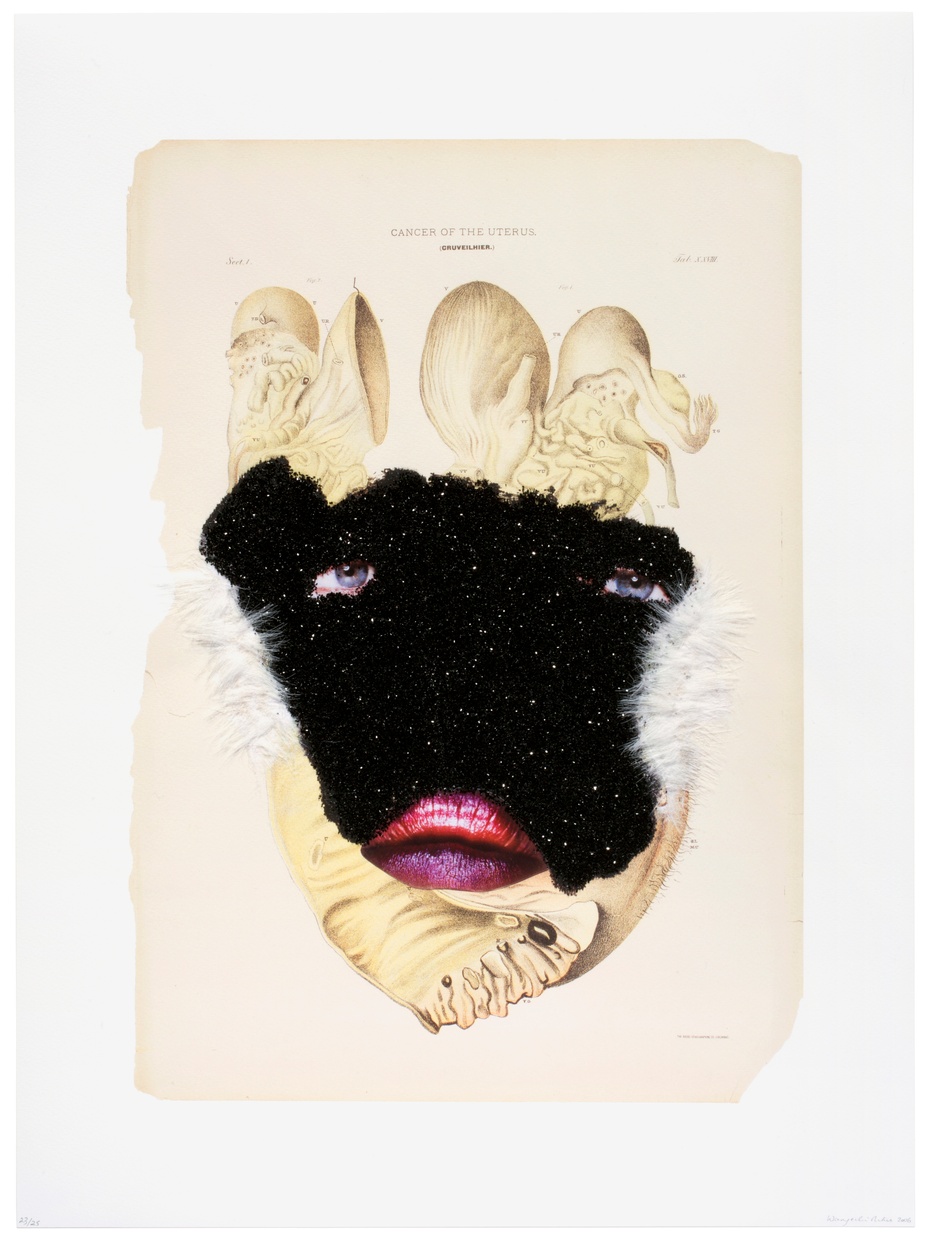 Artist Wangechi Mutu's collage with an abstract face covered in black glitter and white fur on the sides