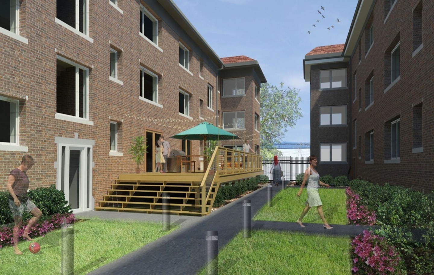 Rendering showing a courtyard between two buildings, with people walking on the grass.