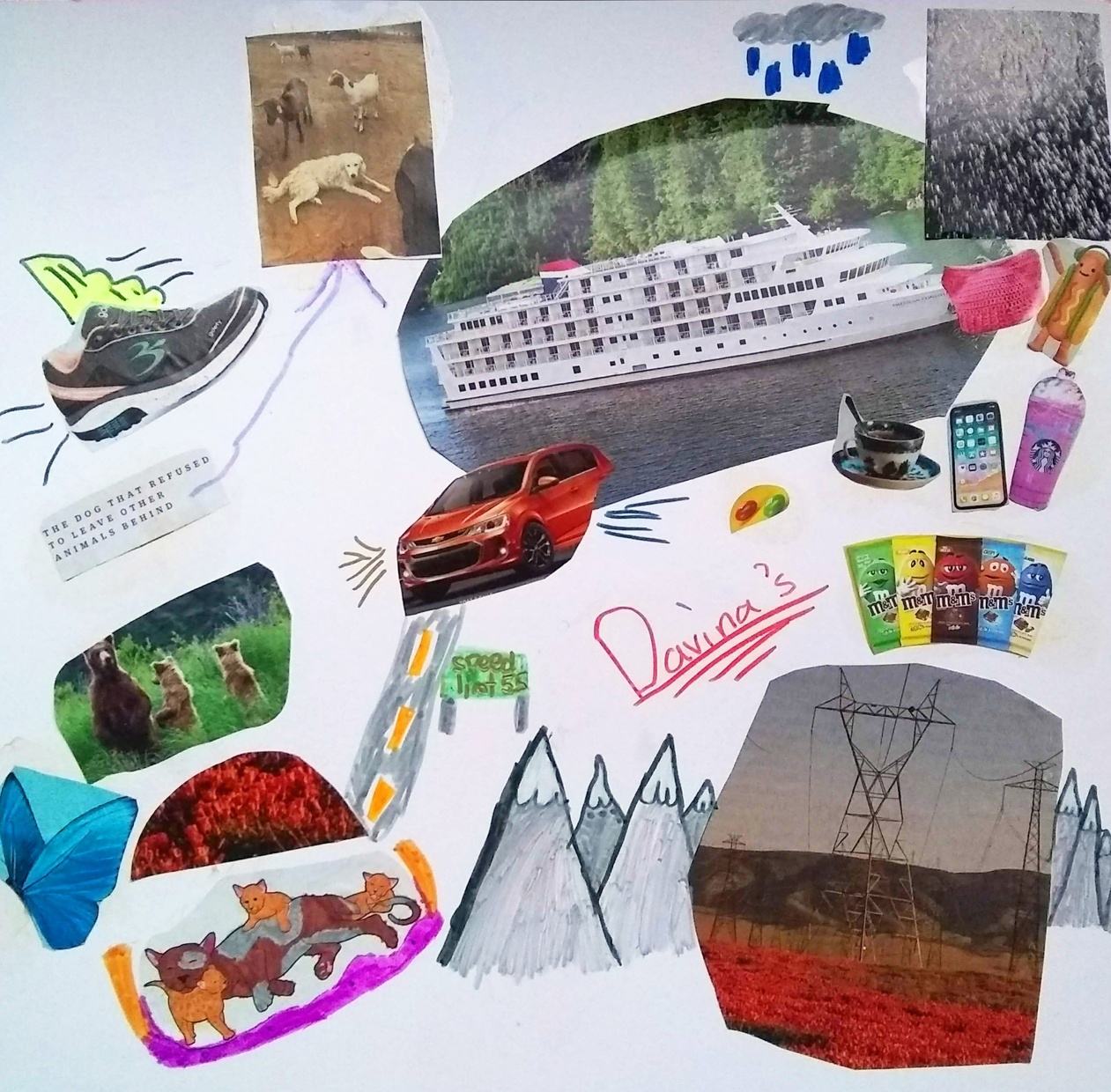 Collaged images cut out from magazines featuring candy, bears, cats, a ferry, and cars with "Davina's" written in red pencil on white paper.