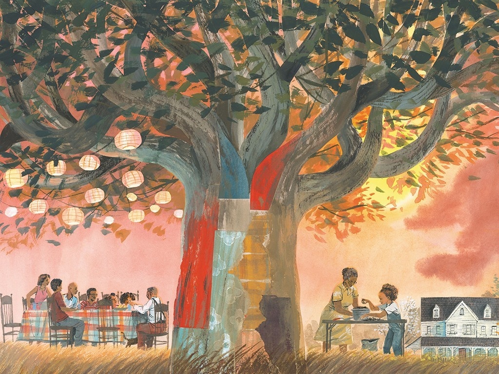 illustration of a large tree stretching off the page with people sitting underneath in pink and yellow light 