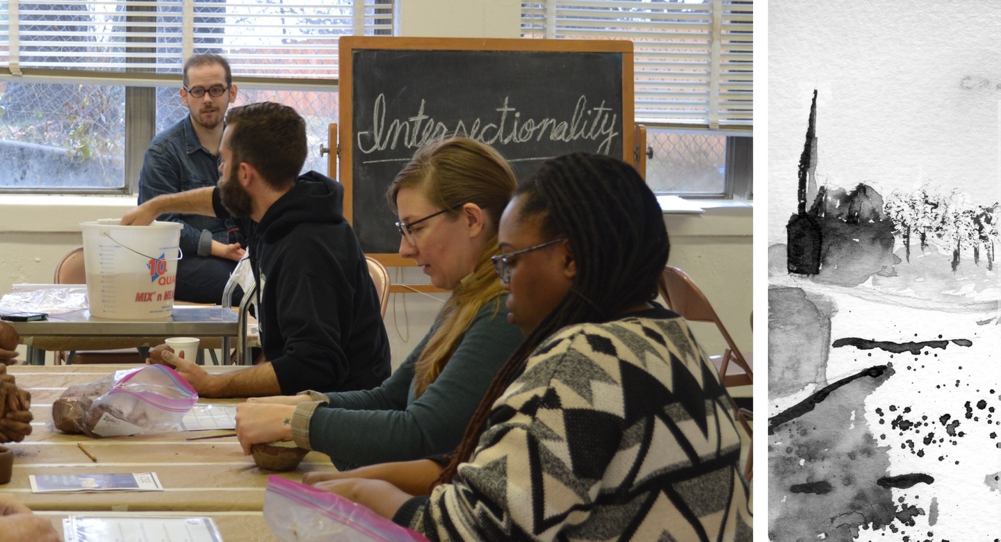 On the left, a group of people sit at a table working on things with their hands. On the right, a gray and white watercolor depicts buildings.