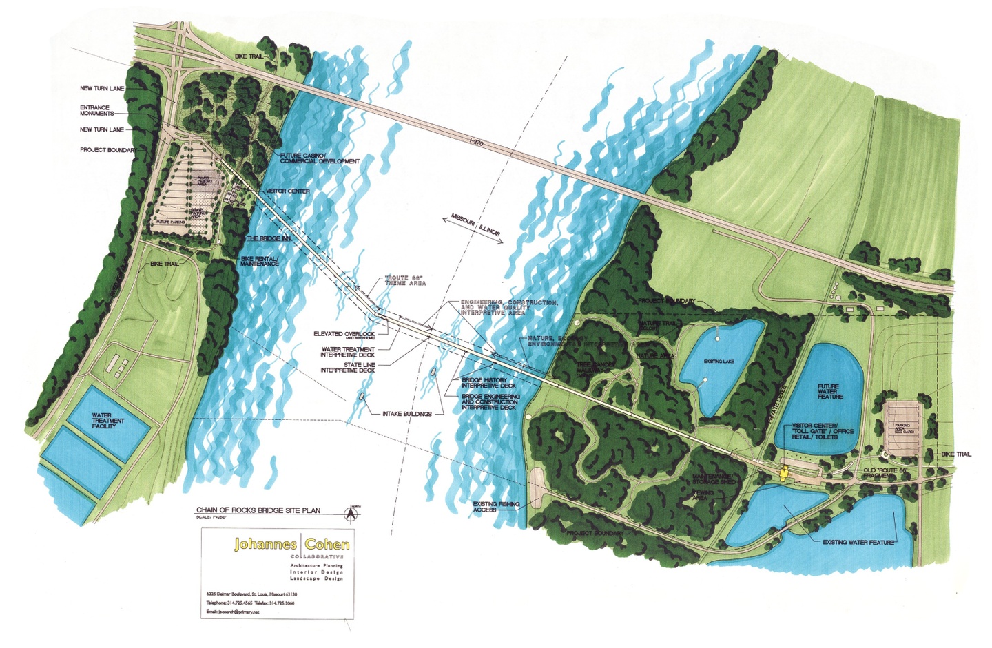 Master Plan of the Chain of Rocks Bridge identifying features and assets on the Missouri and Illinois side of the Mississippi River