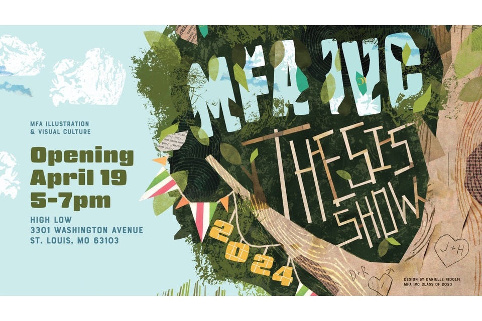 Illustrated poster of a tree with leaves and branches reading "MFA-IVC Thesis Show."