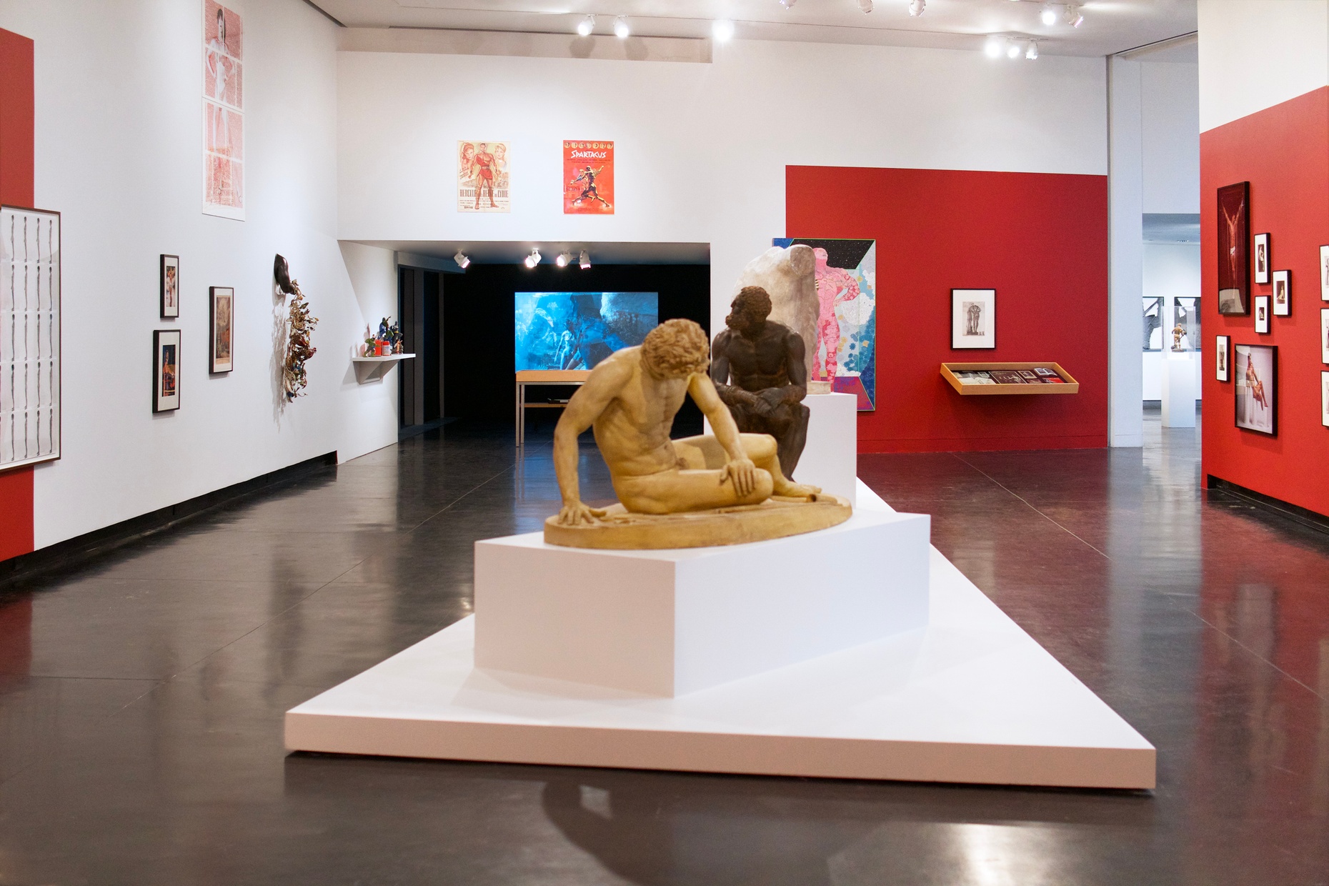 A gallery space with red and white painted walls and artworks featuring muscular people hung up. In the center of the gallery there are three classical sculptures featuring muscular, nude men and a torso.