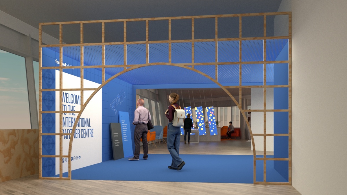 Render of entrance moment for the Partner Center in Dublin with blue walls, ceiling and floor, and a wooden gridded archway