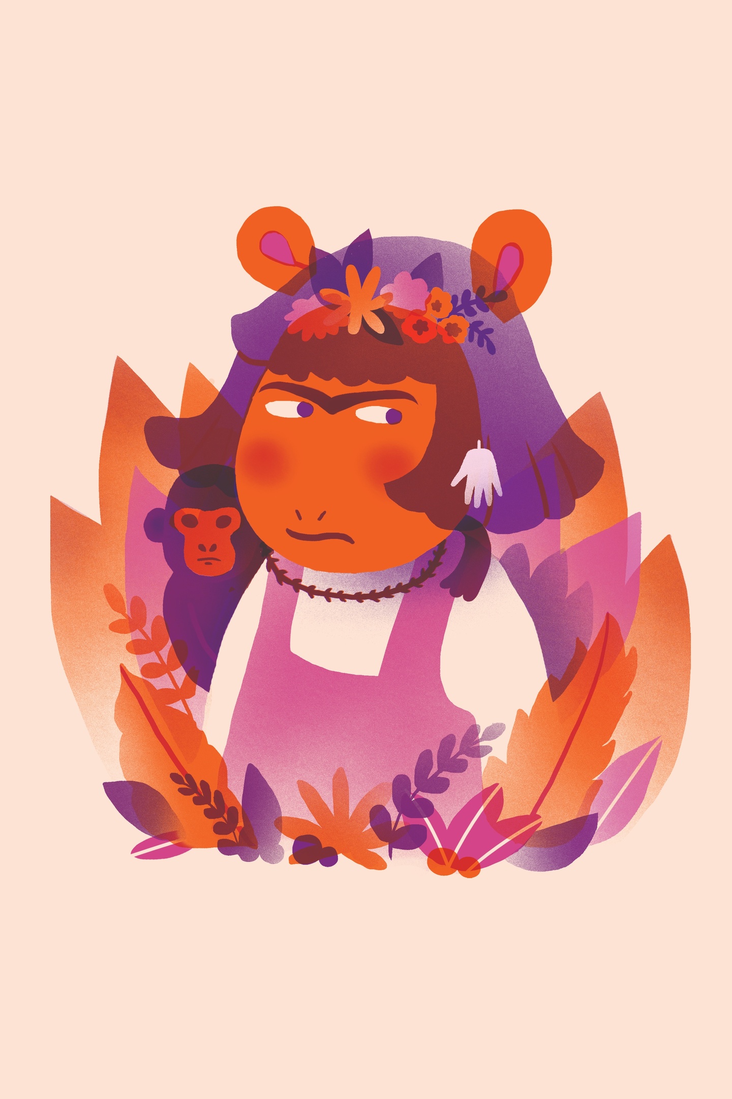Illustration of scowling DW from "Arthur" book and television series in vibrant reds and purples surrounded by botanical shapes. DW has a unibrow and flowers in her hair and a monkey peeks out behind her shoulder.