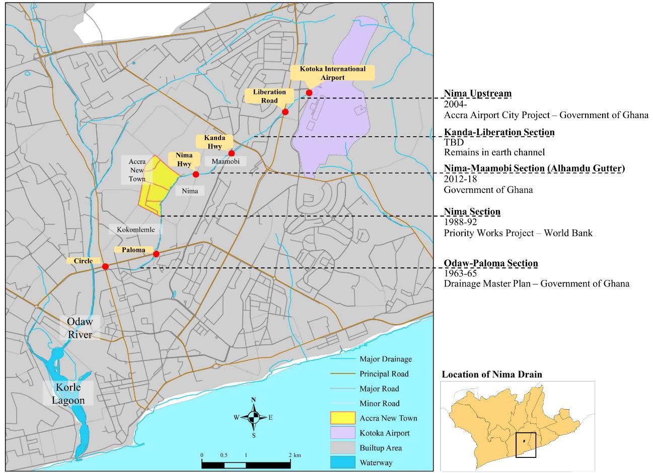 Map showing Nima Stream and drainage interventions taken over time.