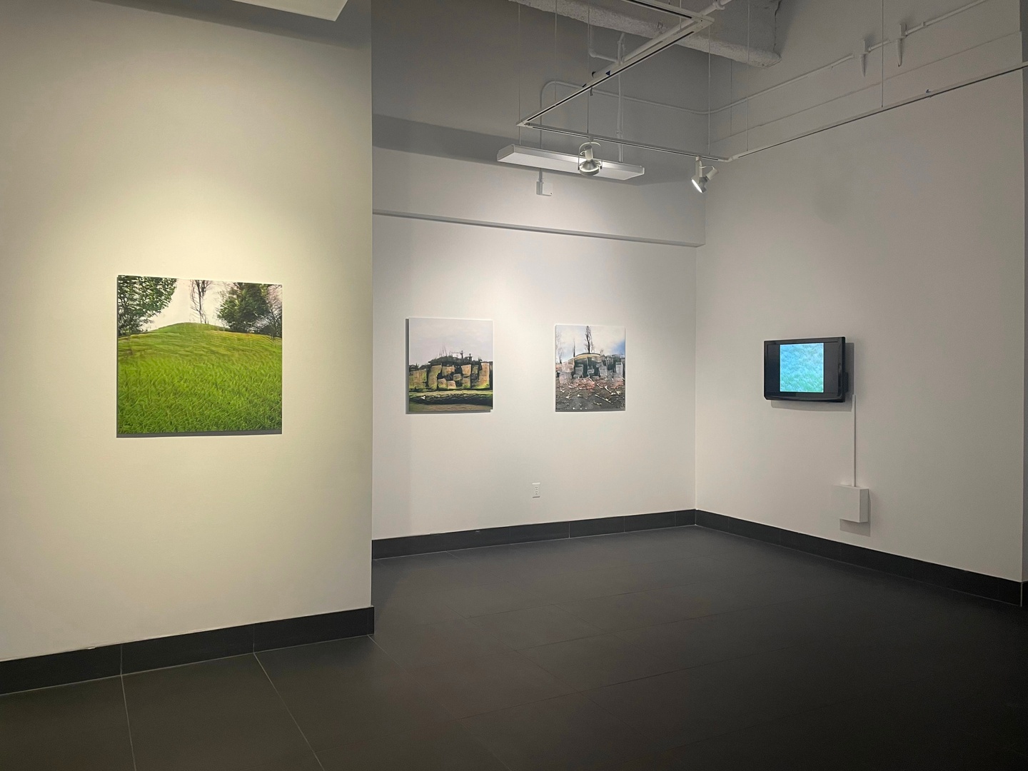 Gallery installation featuring three photographic prints on the walls plus a digital monitor with work.
