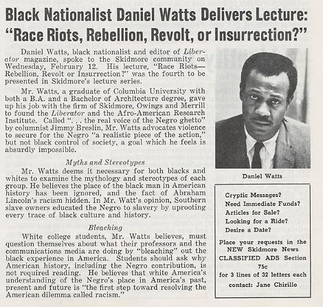 A Skidmore News article shows a black and white photograph of a Black man wearing a suit with Daniel Watts written below it. On the top, “Black Nationalist Daniel Watts Delivers a Lecture” is written in large bold font.