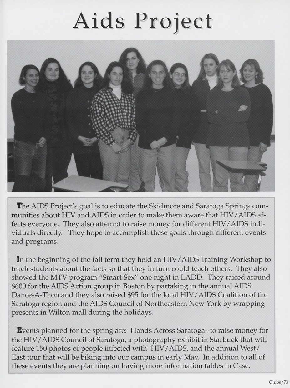 A black and white document bears the headline “Aids Project” written in large font with a black and white photograph of a group of light-skinned young women smiling below.