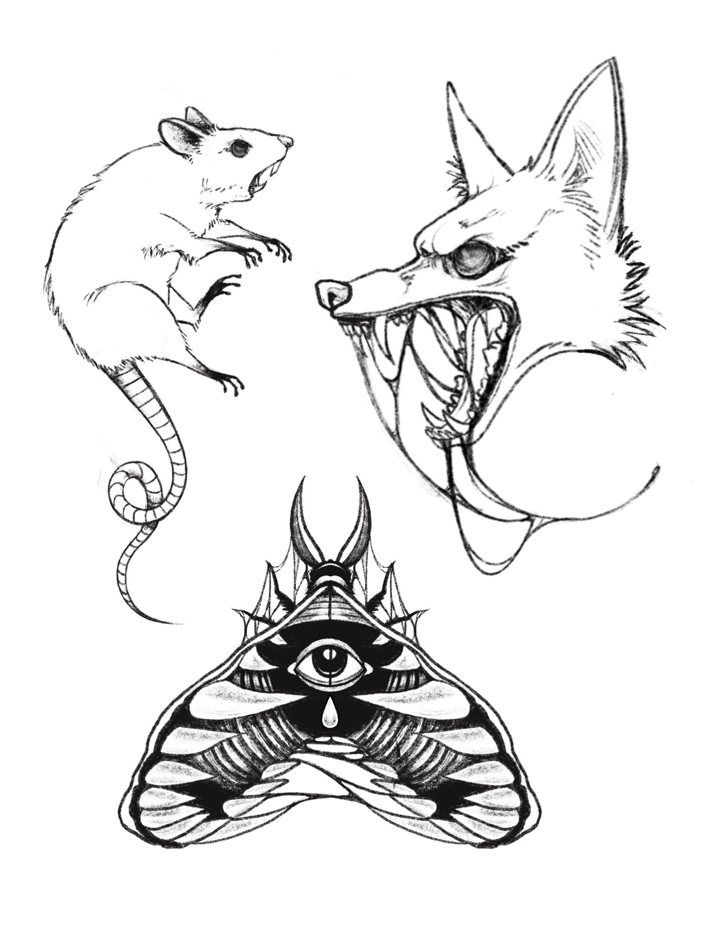 A black and white line illustration of a wolf head, rat, and a moth.