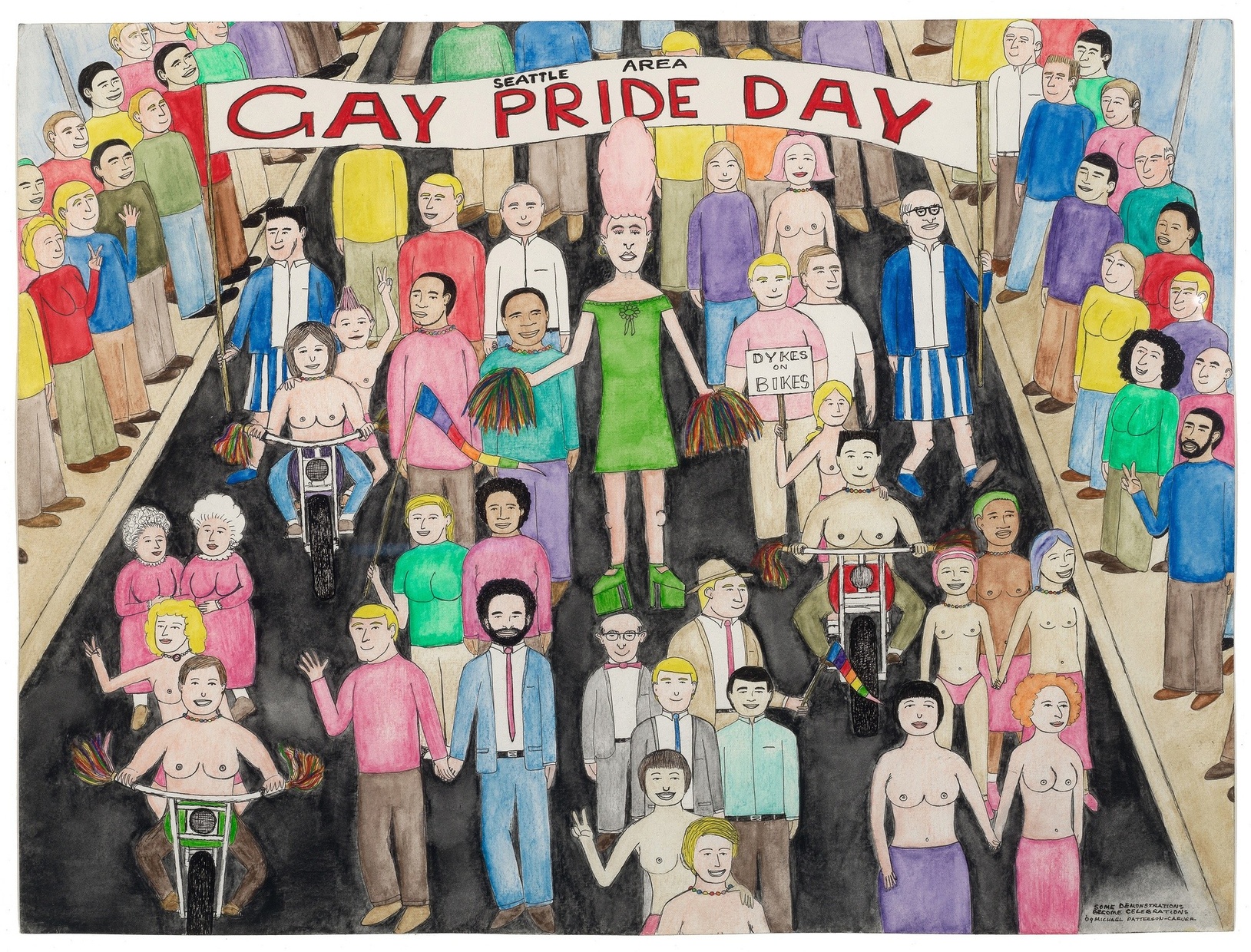 A drawing of people of various genders and ethnicities, some topless, others wearing suits or dresses, in a Seattle gay pride parade; other people watch from the sidewalk smiling.