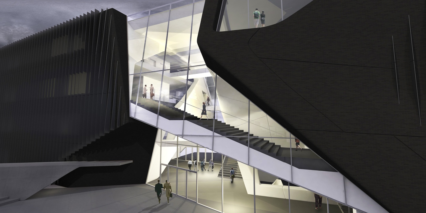 Exterior rendering of a dark angular building with a staircase visible through windowed section.