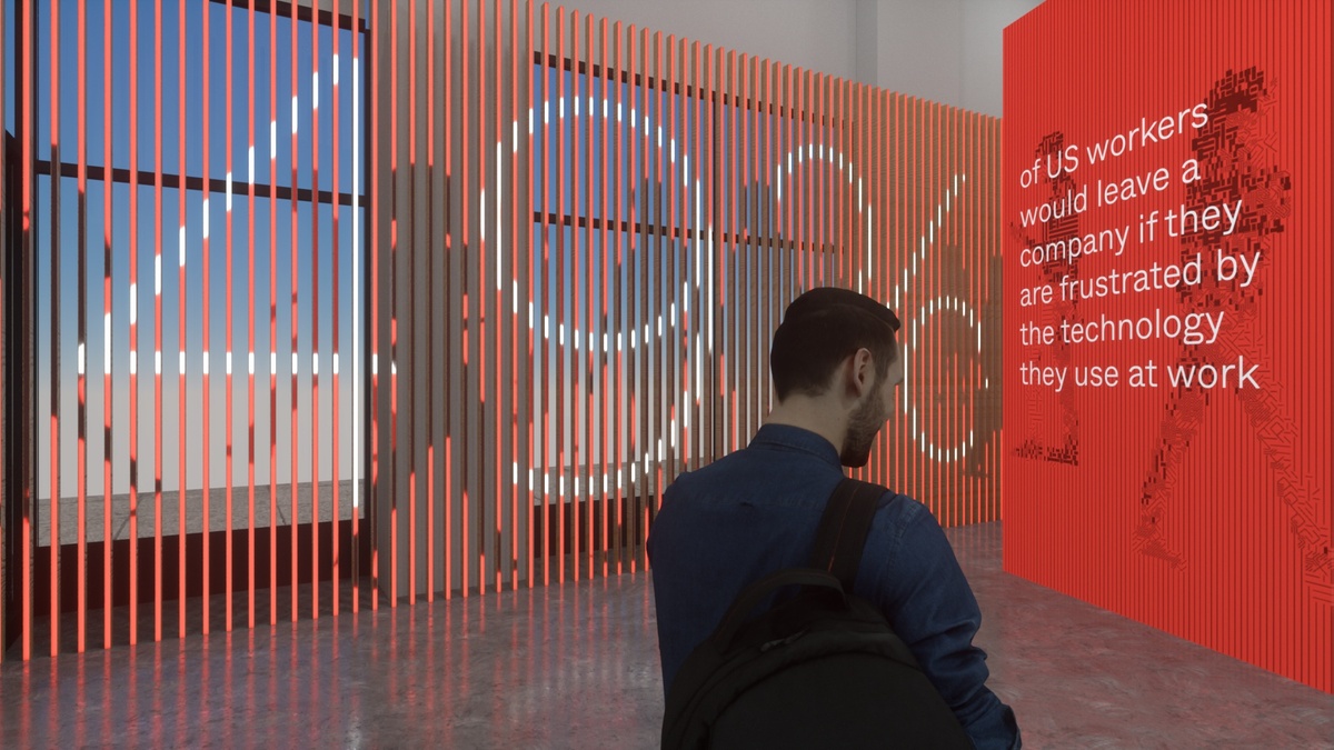 Render of man looking at graphics and information on a vertical screen in the installation