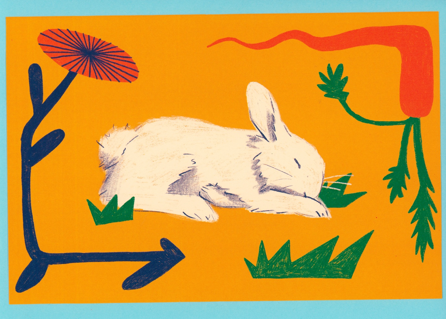 Drawing of a sleeping white rabbit on a deep gold background with a few green tufts of grass and a flower with a navy blue step and orange top.