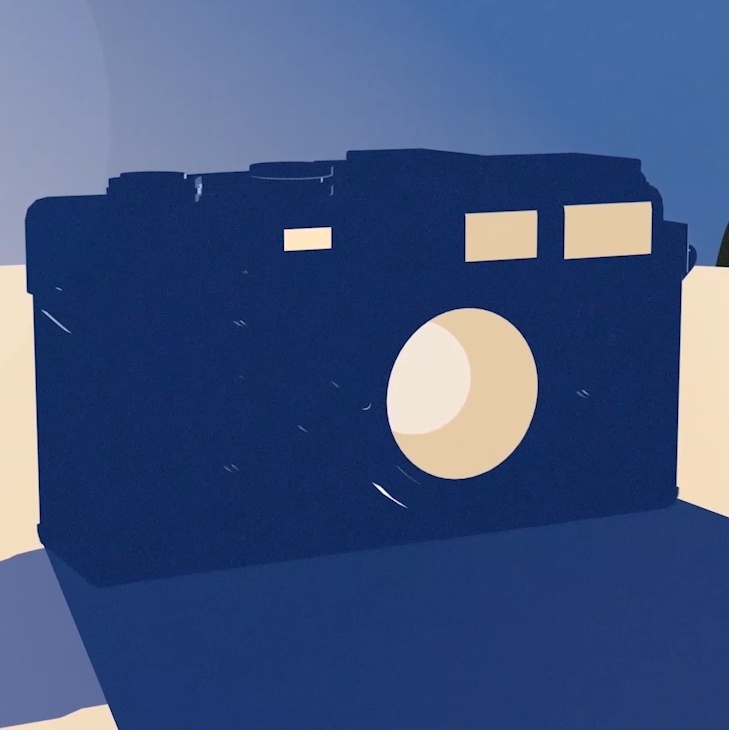 Graphic illustration of a camera with limited blue and cream color palette