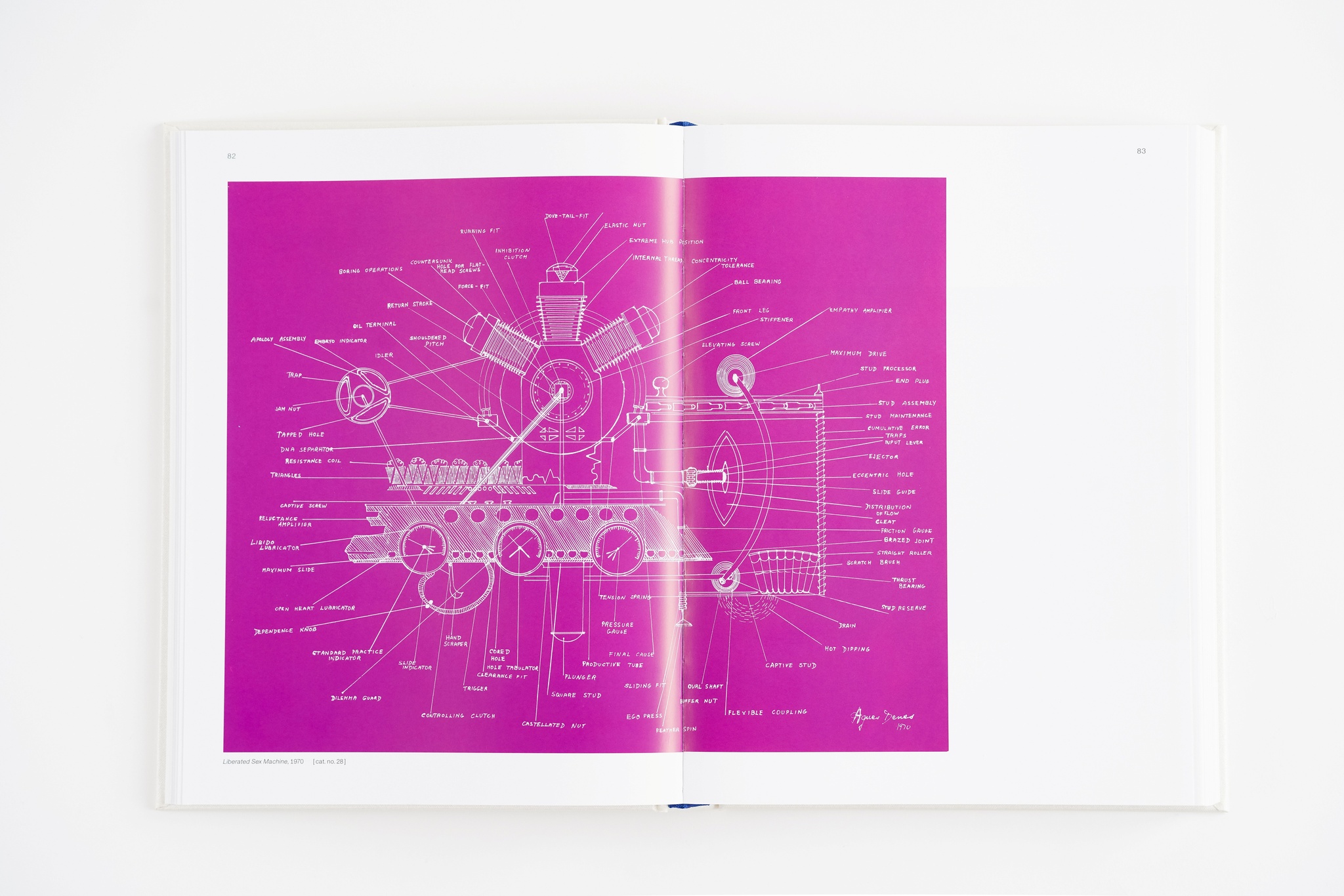 An interior spread of an exhibition catalogue displaying a bright magenta print of an imagined machine diagram