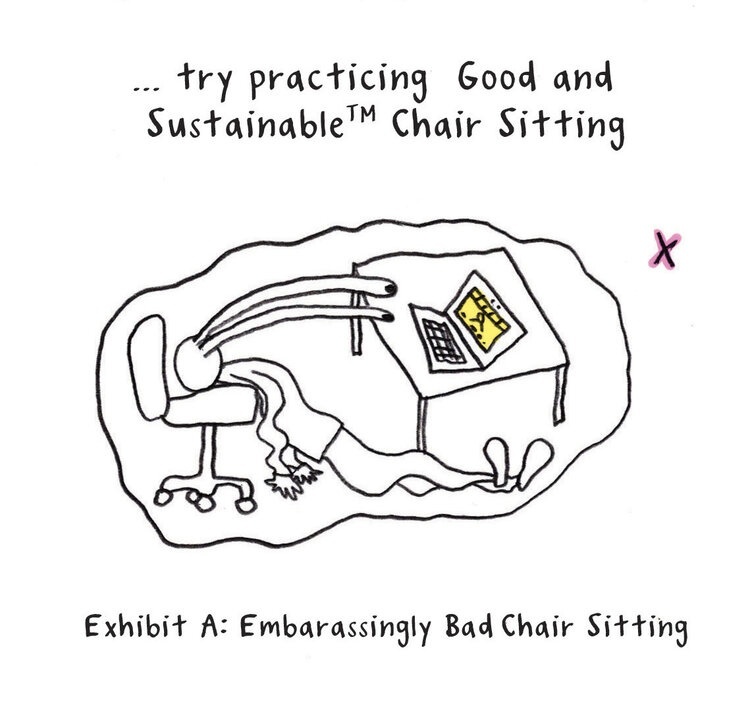 Line drawing of a person with spaghetti bones and protruding eyes draped awkwardly on an office chair, staring at a laptop.