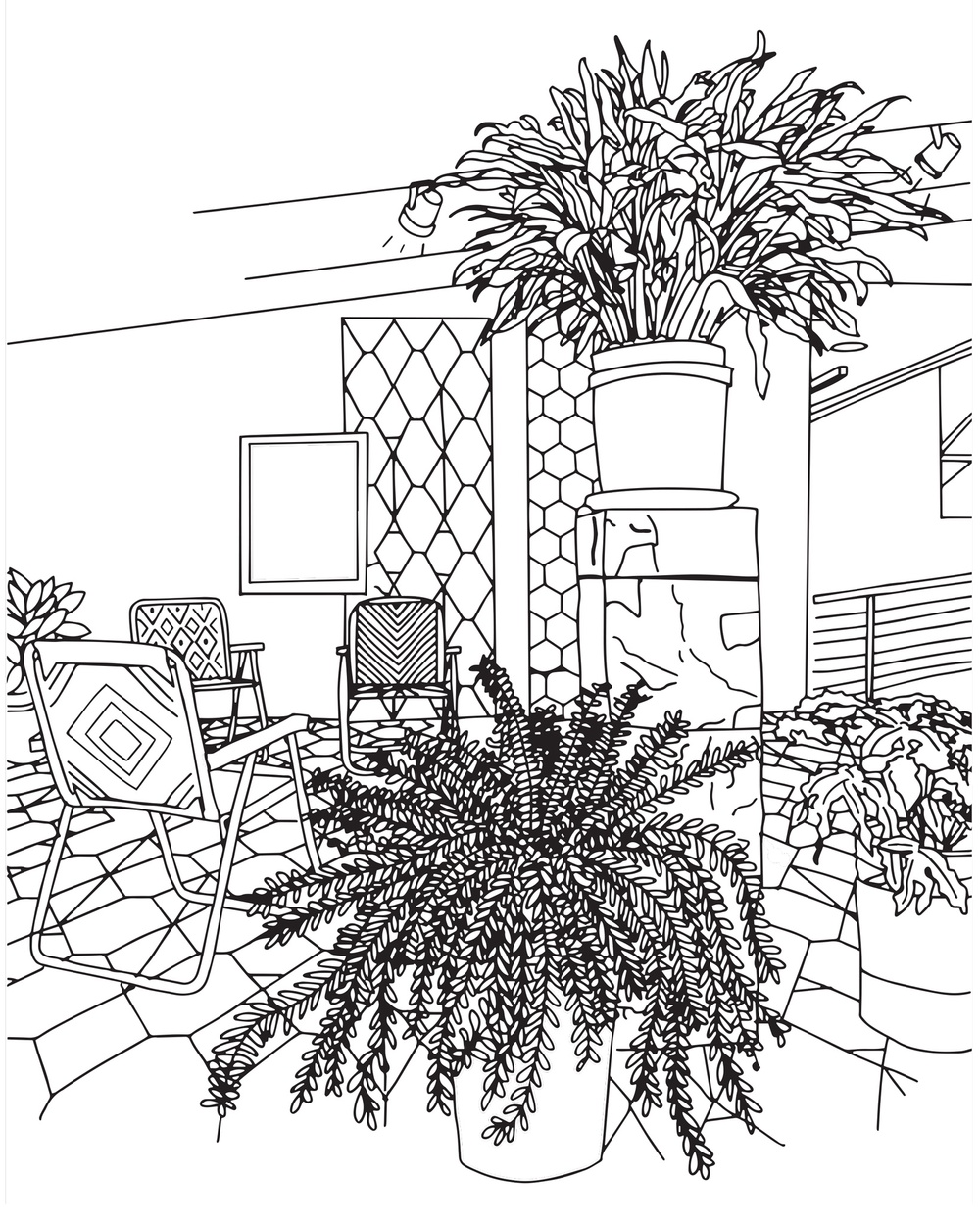 A black and white line drawing of a room full of chairs, art, and plants.