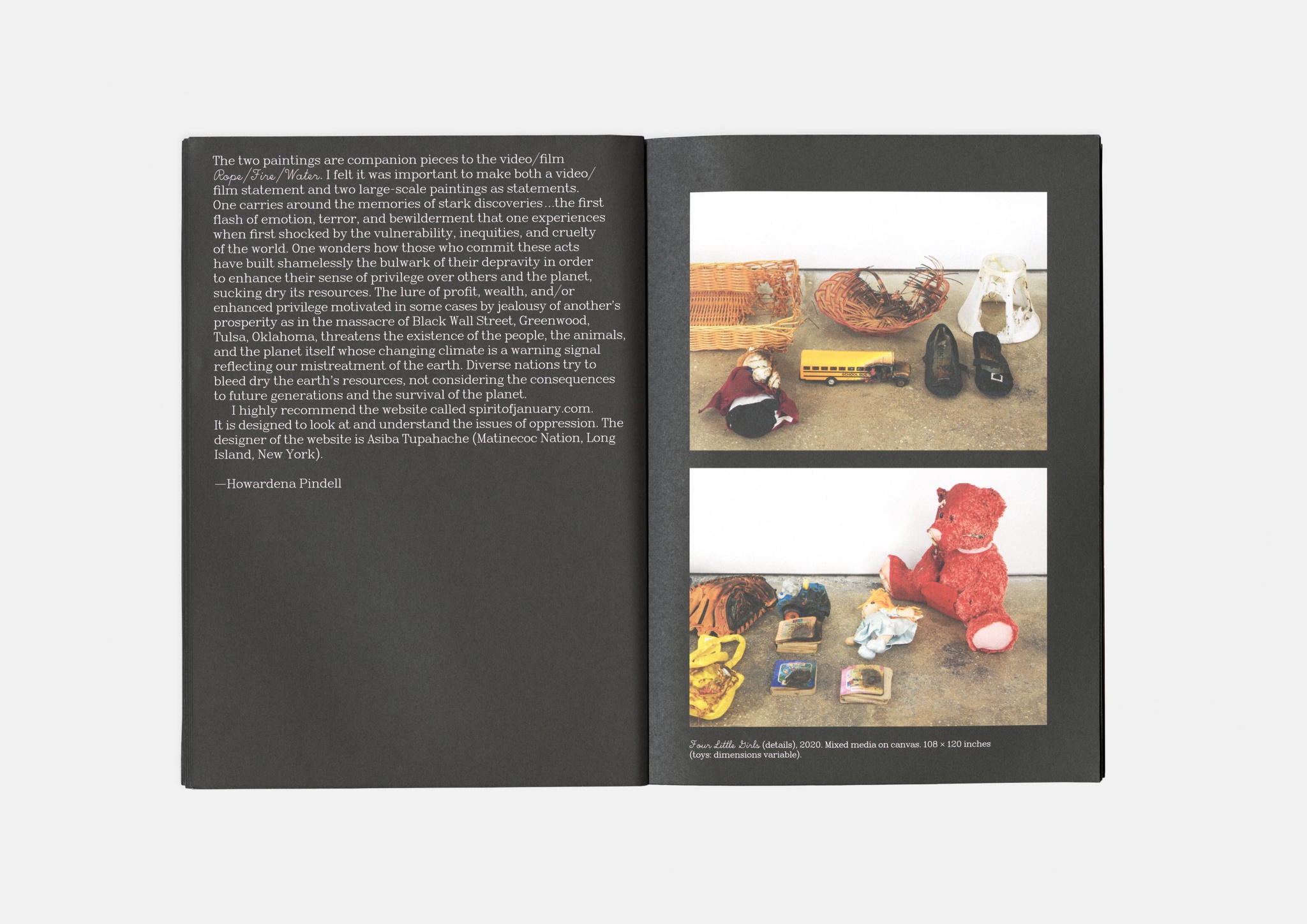 A spread of the catalogue "Howardena Pindell: Rope/Fire/Water" with black pages. On the left is a text by the artist. On the right, are two detail images of a work by Pindell, stacked one on top of the other.