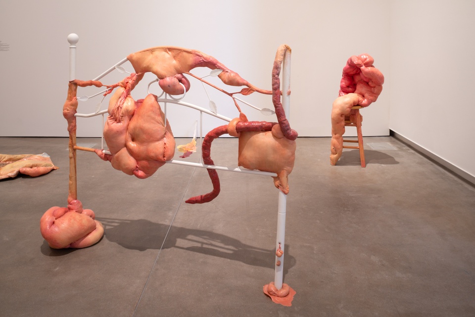A white wire headboard and wooden stool are covered with lumpy, flesh-colored organs.