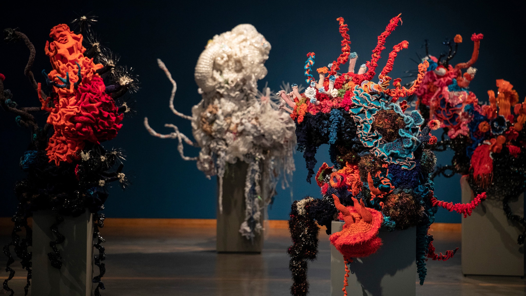 Four multi-colored fiber structures resembling coral reefs sit atop pedestals in a gallery.