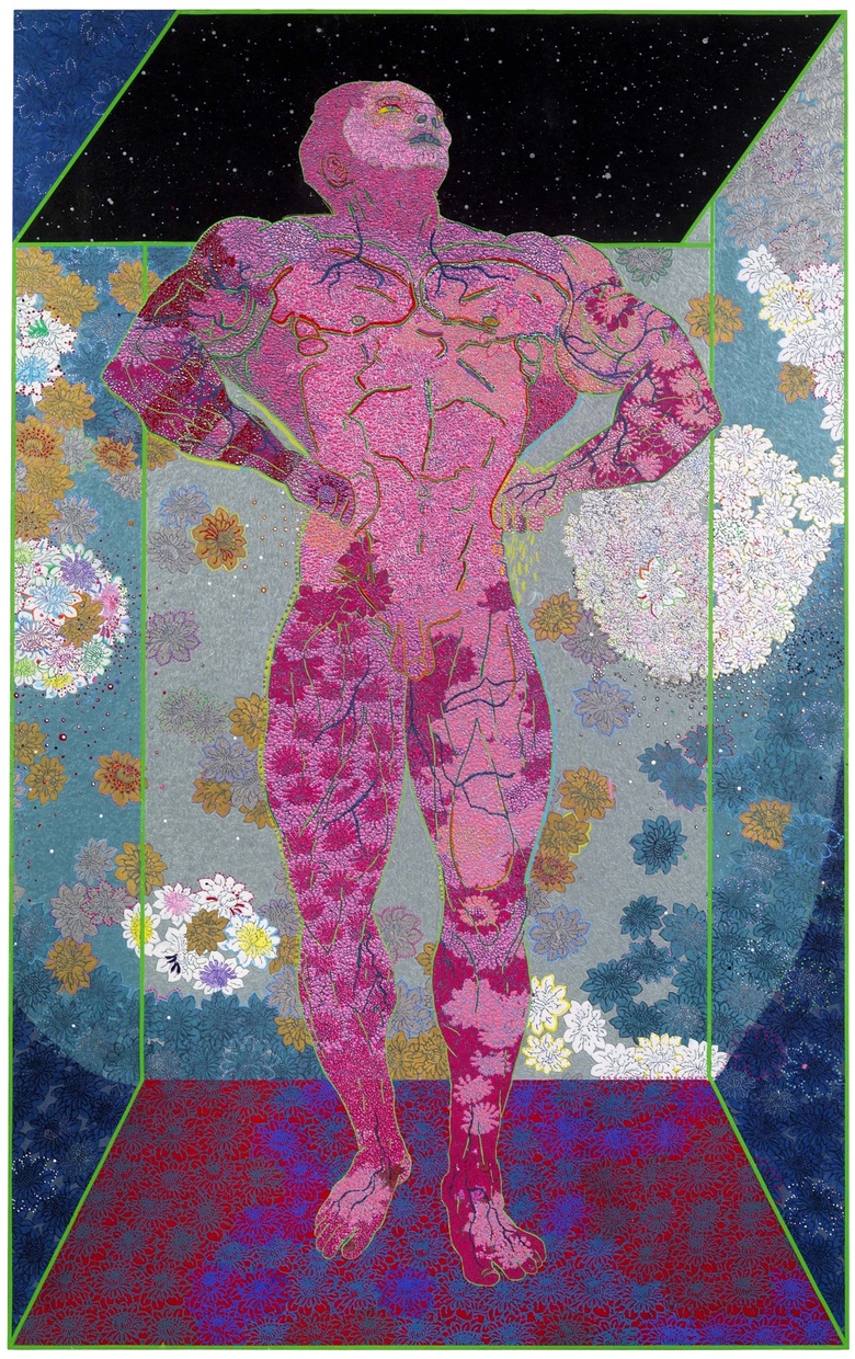 A painting of a human figure standing with their hands on their hips and their chest puffed up. There are various detailed patterns on different surfaces of the space around the figure and the figure is covered in a pink pattern.