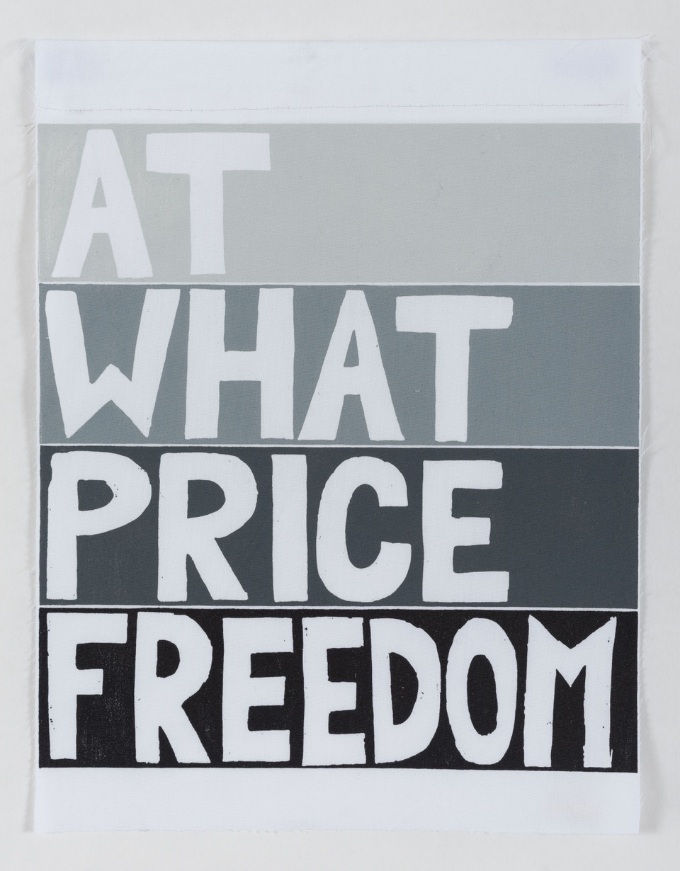 A grayscale woodcut image with four hand drawn words, one on each line, saying "at what price freedom."