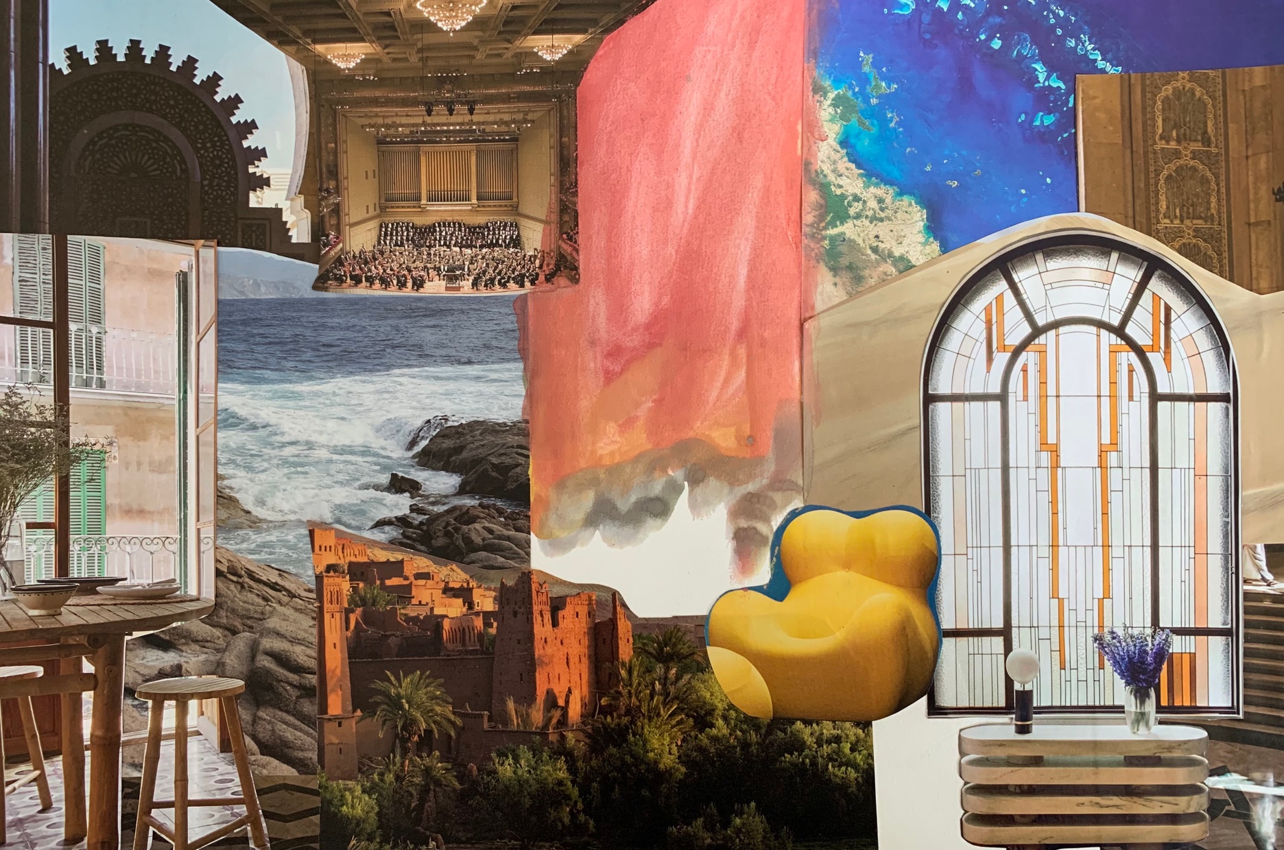 A collage including images of an arch window, yellow form, ocean, castle, performance theater, aerial view of the ocean, gear-like round architecture, and a section of pinkish red watercolor wash. 