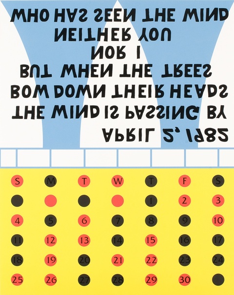 Screen print of upside down black letters over light blue shapes printed above a yellow rectangle with black and red circles printed in a grid pattern on top