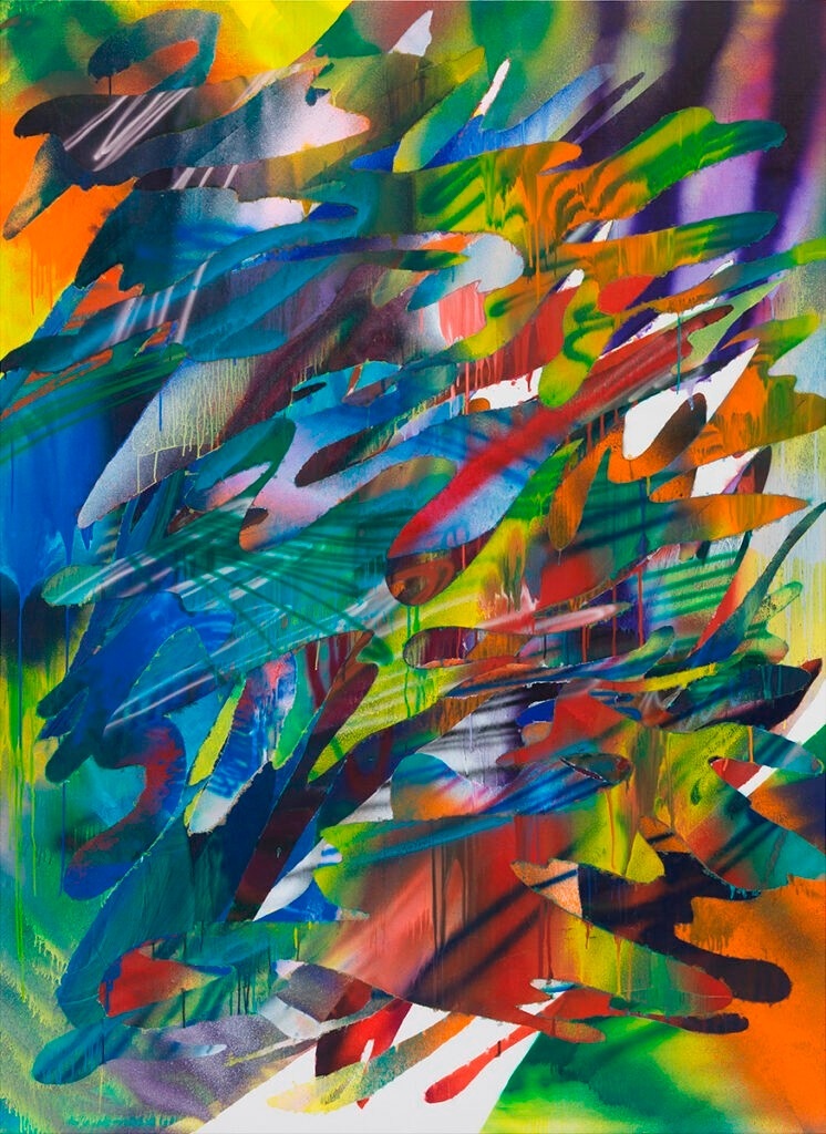 Multicolored abstract painting with multiple waves of bright orange, blue, green, red colors