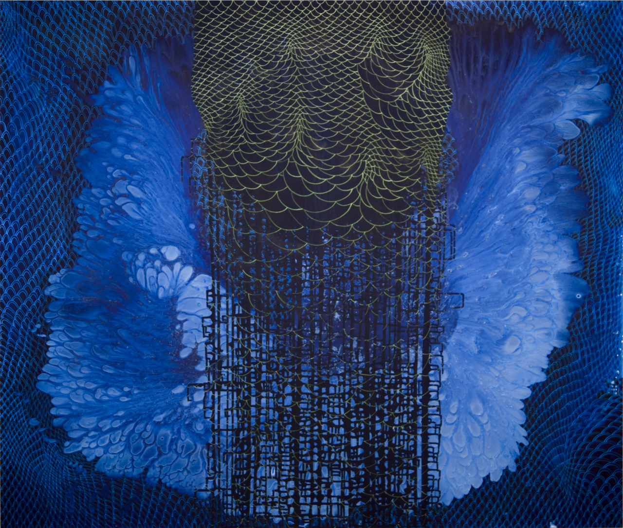 Yellow-outlined, navy scales turn into black, irregular latticework down the center of the painting over a splash of blue and white like a wave, surrounded by a shifting, three-dimensional black and blue grid.